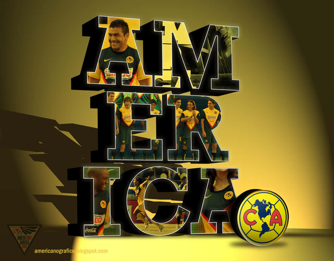 Club America 桌布 壁紙 — 粗體3D字母拼出'AMERICA'，每個字母內有足球員照片，背景為金色漸變。