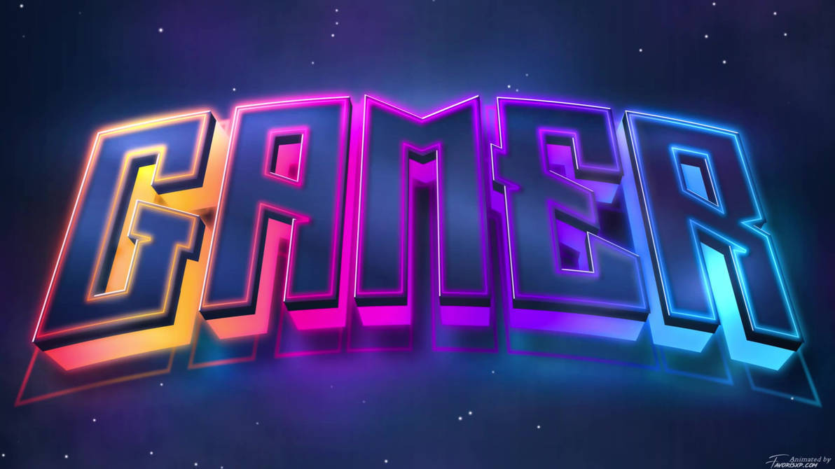Gamer 桌布 壁紙 — 粗體3D字母拼出「GAMER」，在星空宇宙夜空襯托下，發出霓虹彩虹邊緣光芒。