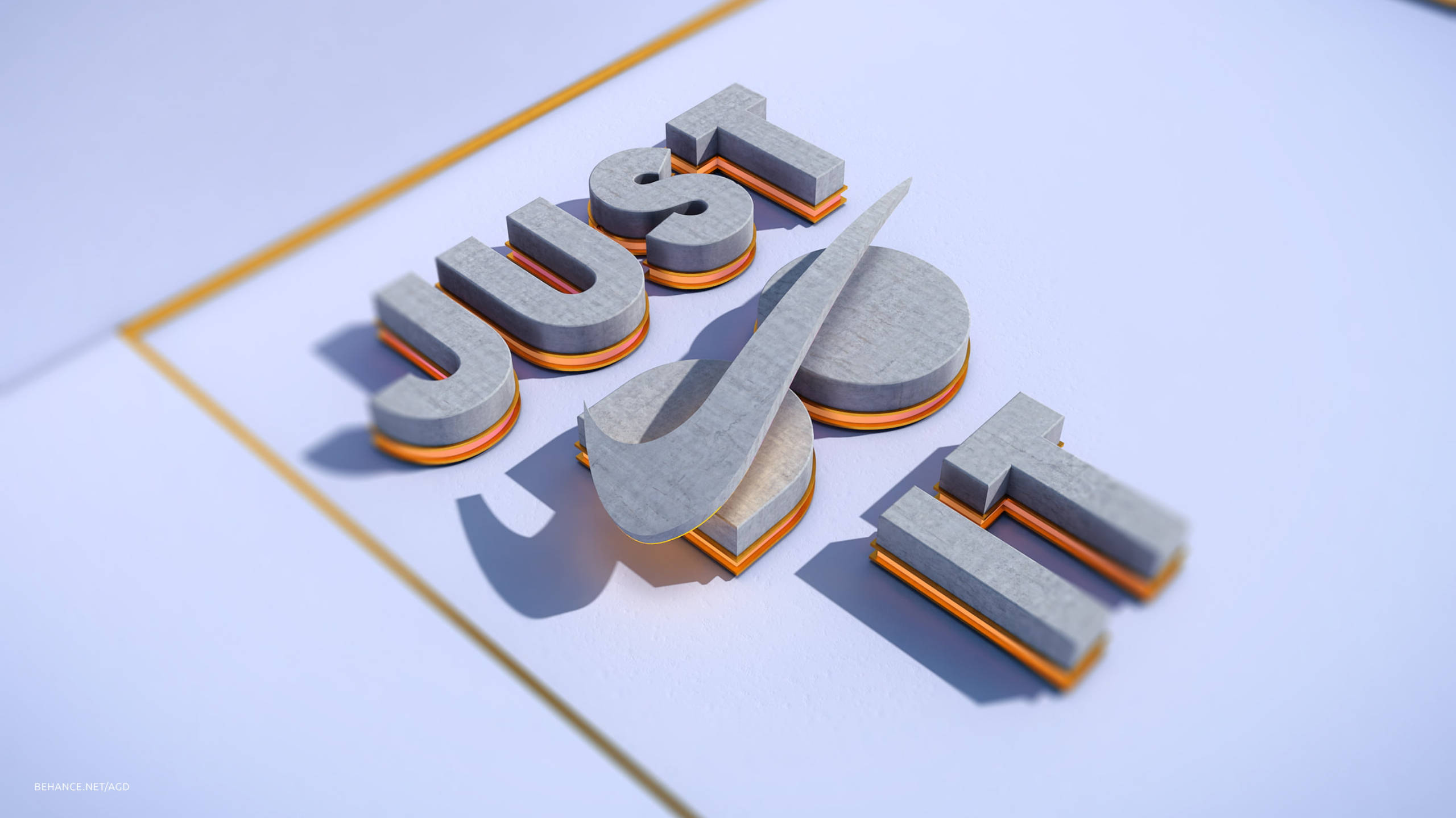 就去做吧 桌布 壁紙 — 粗體3D字母拼出「JUST DO IT」，橙色底座在淺藍色表面上投射出銳利陰影，表面由金色線條框住。