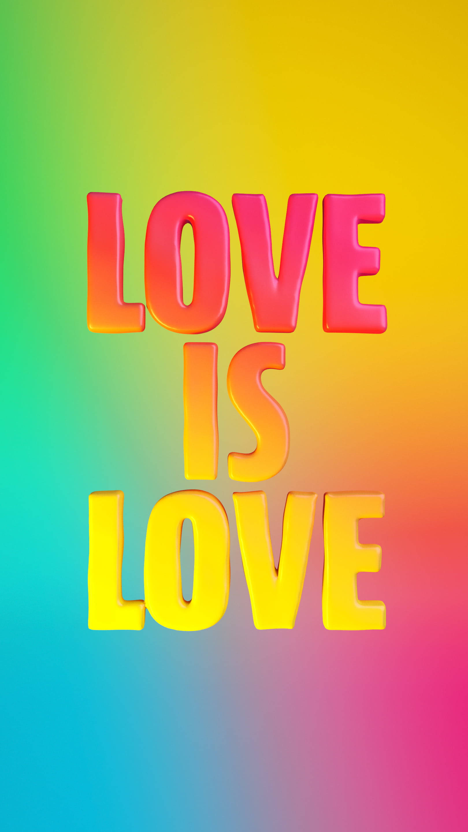 彩色動圖 桌布 壁紙 — 粗體3D字母拼出 love is love，漂浮在充滿活力的彩虹漸變背景上。