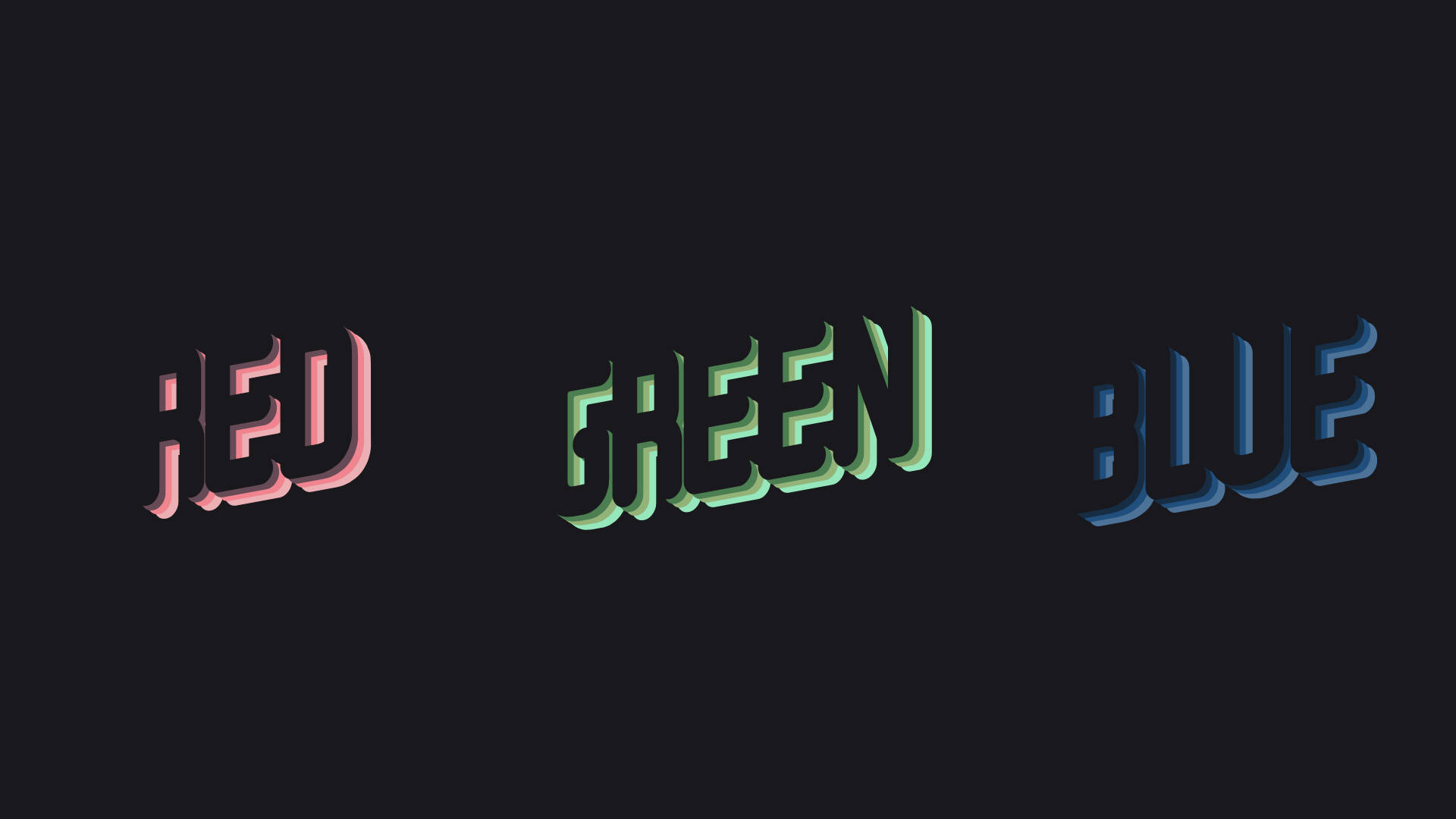 RGB 桌布 壁紙 — 粗體3D字母拼出紅綠藍光芒，背景為深色。