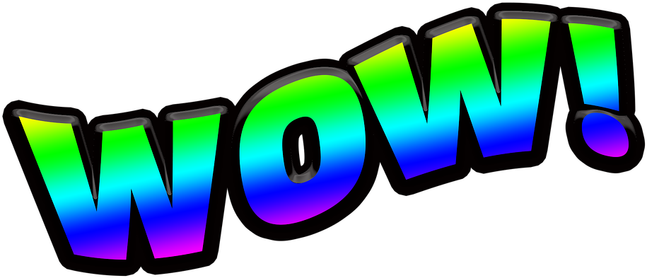 Clip Art 桌布 壁紙 — 粗體3D文字拼出WOW，採用鮮豔彩虹漸變，背景為 stark 黑色。