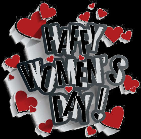 International Womens Day 桌布 壁紙 — 粗體3D文字顯示「HAPPY WOMEN'S DAY!」，周圍有紅色心形圖案，背景為黑色。