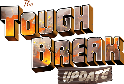 Tf2 Logo 桌布 壁紙 — 粗體3D文字顯示「The Tough Break Update」，字母內有熾熱的橙色爆炸，背景為黑色。