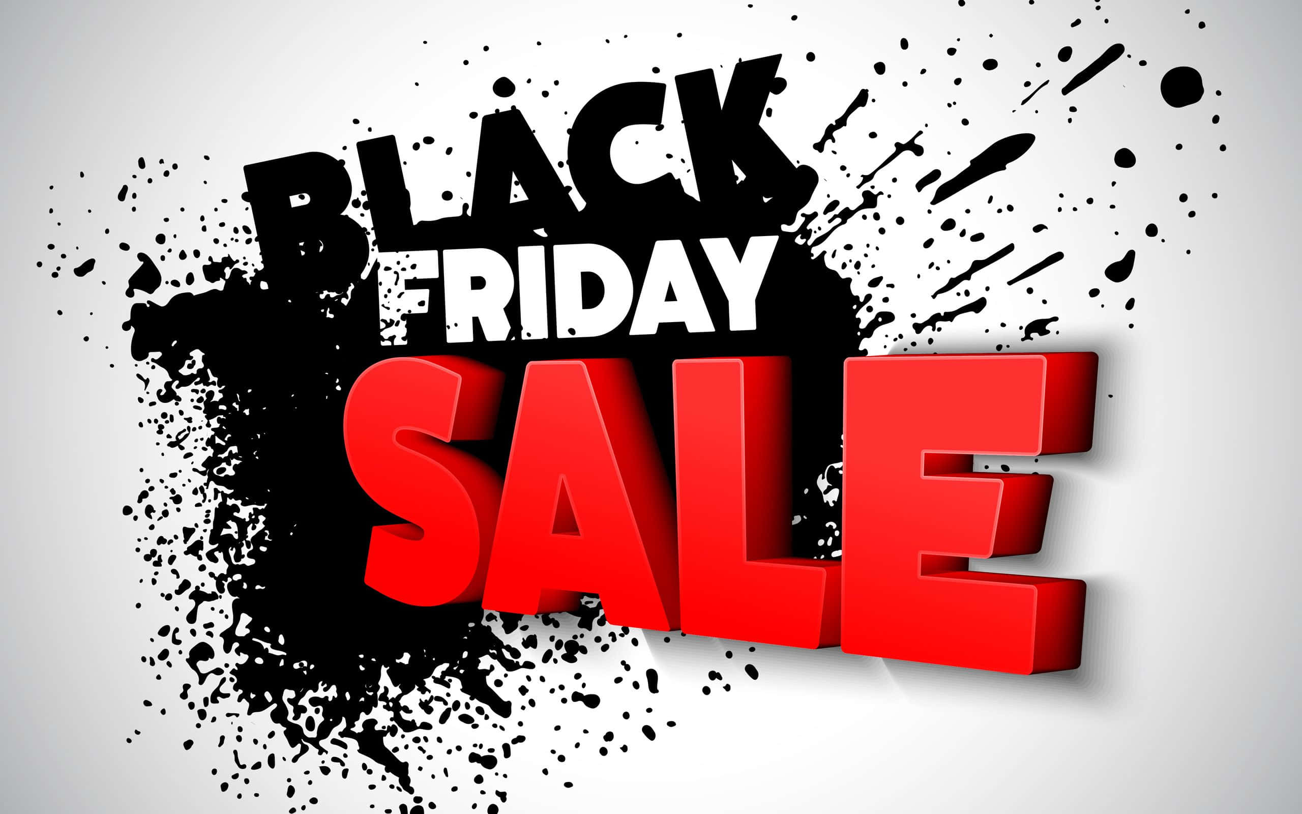 Friday 桌布 壁紙 — 粗體3D文字顯示black friday sale，紅色字母和黑色墨水飛濺在淺灰色背景上。