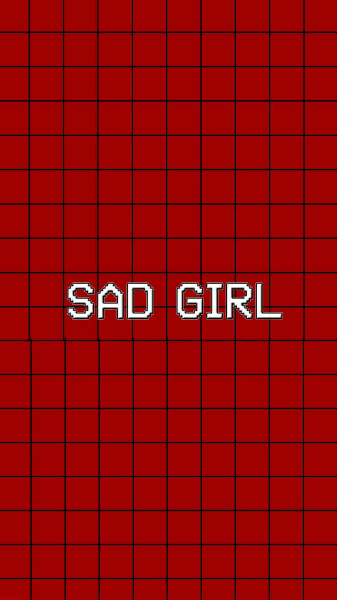 Red Cute Aesthetic 桌布 壁紙 — 粗體像素文字在深紅色網格背景中央顯示「悲傷女孩」。