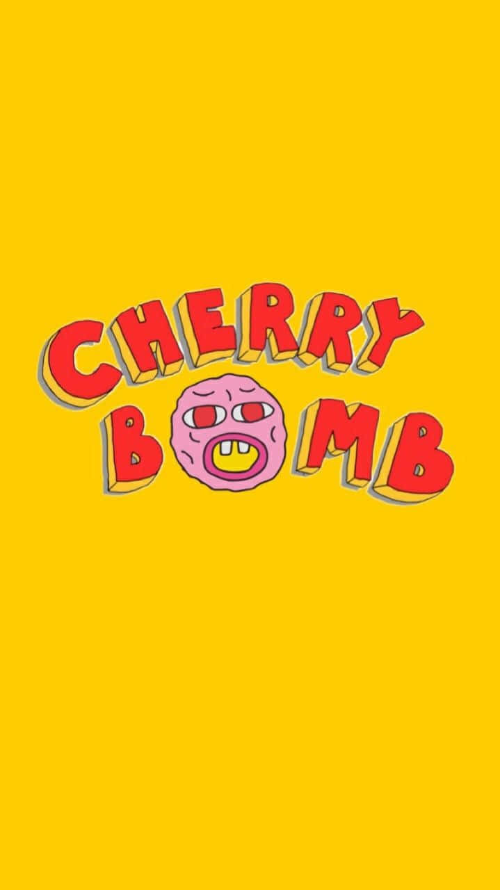 Cherry Aesthetic 桌布 壁紙 — 粗體卡通文字「CHERRY BOMB」，帶有一個粉紅色櫻桃臉在純黃色背景上尖叫。