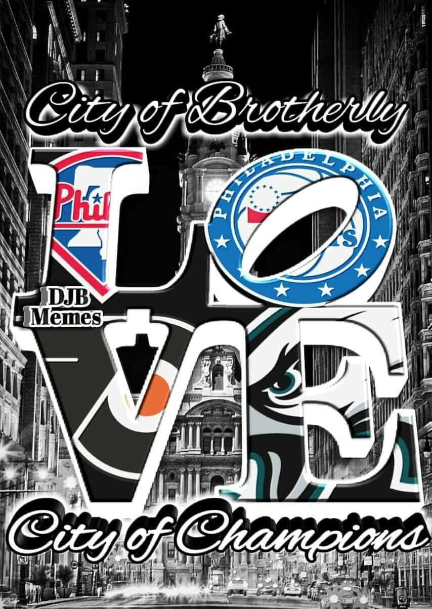 Philly 桌布 壁紙 — 粗體圖形文字在黑白城市景觀上拼出 LOVE，其中包含費城運動隊標誌和標誌性建築。