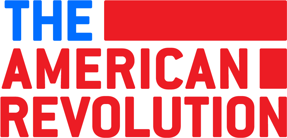 revolution 桌布 壁紙 — 粗體圖形文字在黑色背景上以藍色和紅色塊狀字母顯示「THE AMERICAN REVOLUTION」。