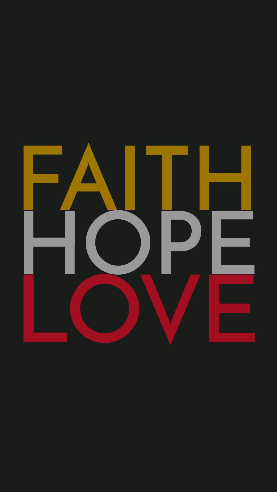 語錄 桌布 壁紙 — 粗體字型在深色背景上以金色、銀色和紅色展示faith hope love。
