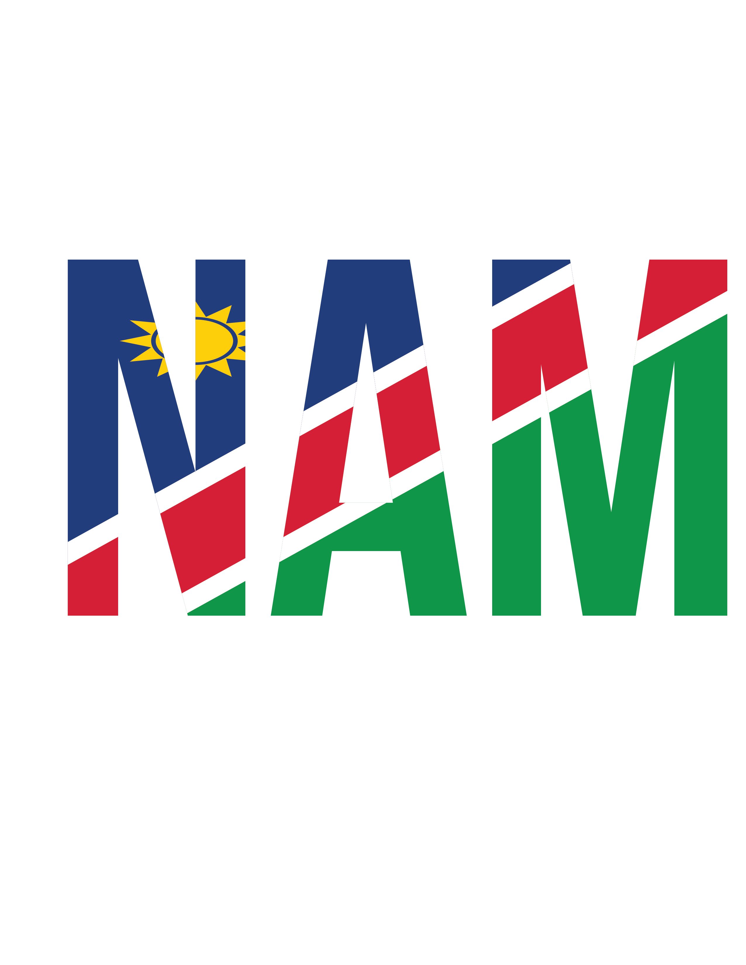 Namibia 桌布 壁紙 — 粗體字母 NAM 填充納米比亞國旗顏色和太陽標誌，背景為白色。
