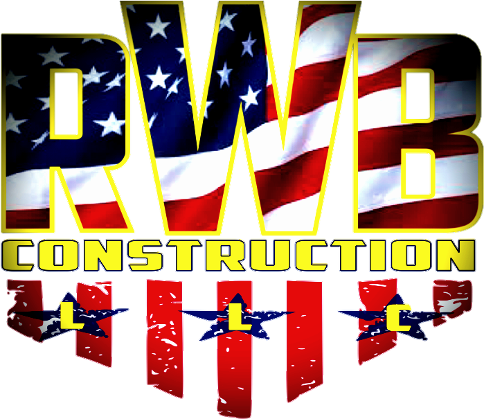 美國 桌布 壁紙 — 粗體字母拼出 R W B Construction，帶有美國國旗圖案和星星，位於紅色橫幅上，背景為灰色。