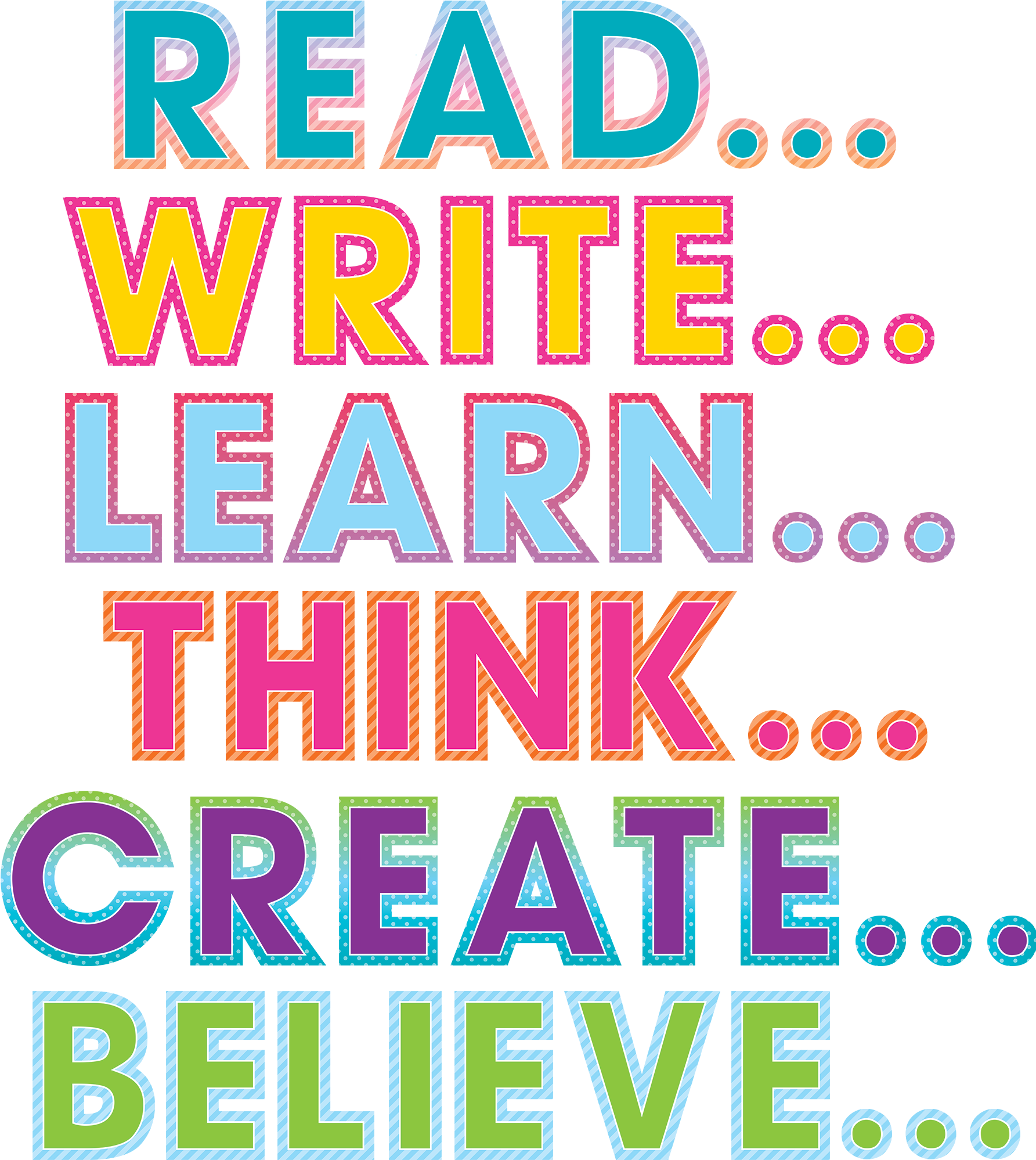 Motivation 桌布 壁紙 — 粗體彩色文字詞語 READ WRITE LEARN THINK CREATE BELIEVE 在黑色背景上漂浮，帶有虛線橢圓。