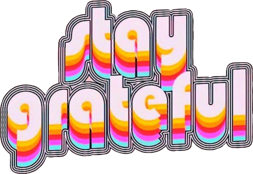 美學 Tumblr 桌布 壁紙 — 粗體復古文字「stay grateful」，以彩虹條紋搭配白色輪廓，黑色背景。