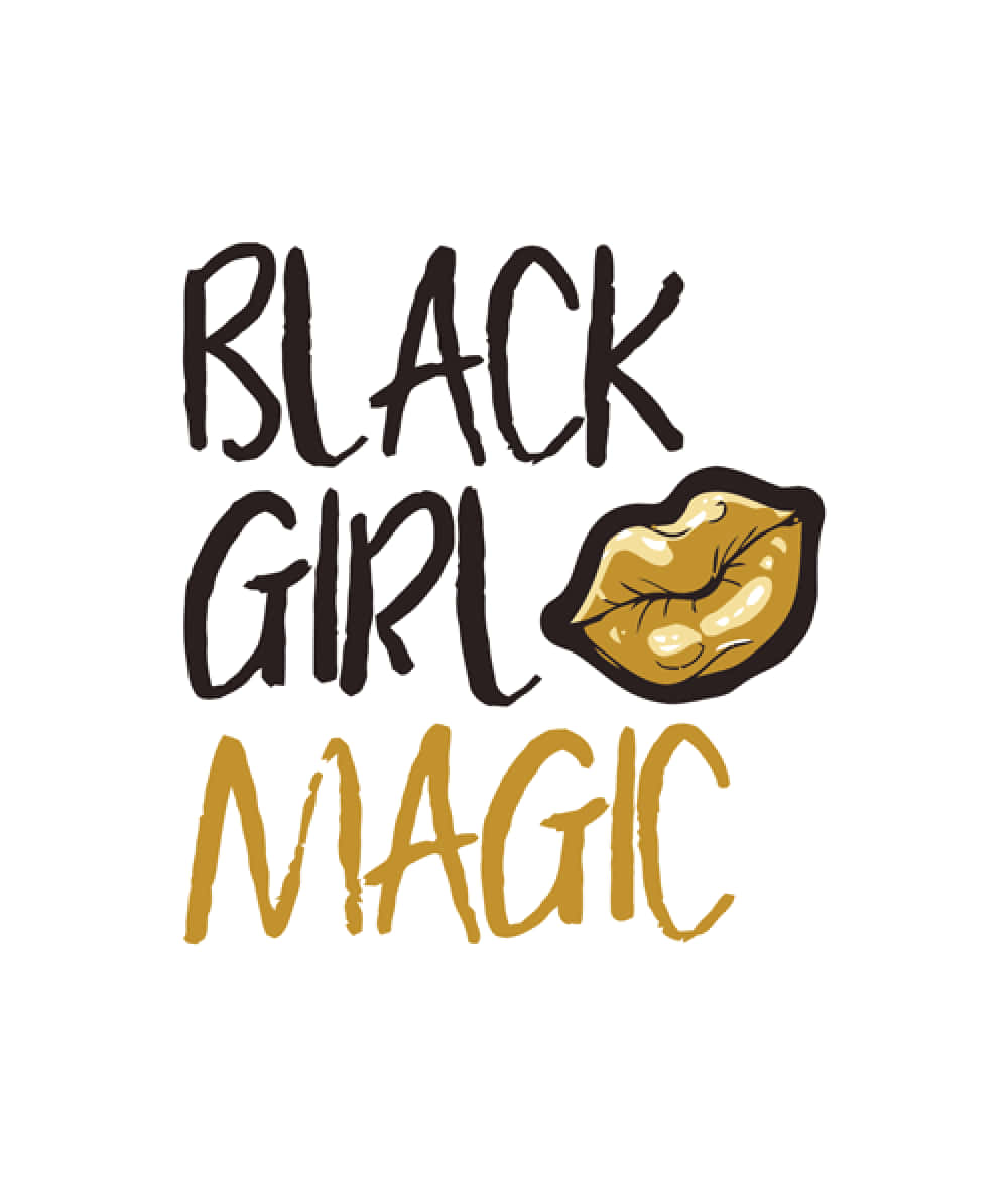 Black Girl Magic 桌布 壁紙 — 粗體手繪文字寫著「BLACK GIRL MAGIC」，旁邊有一個金色插圖嘴唇圖示在「GIRL」旁。
