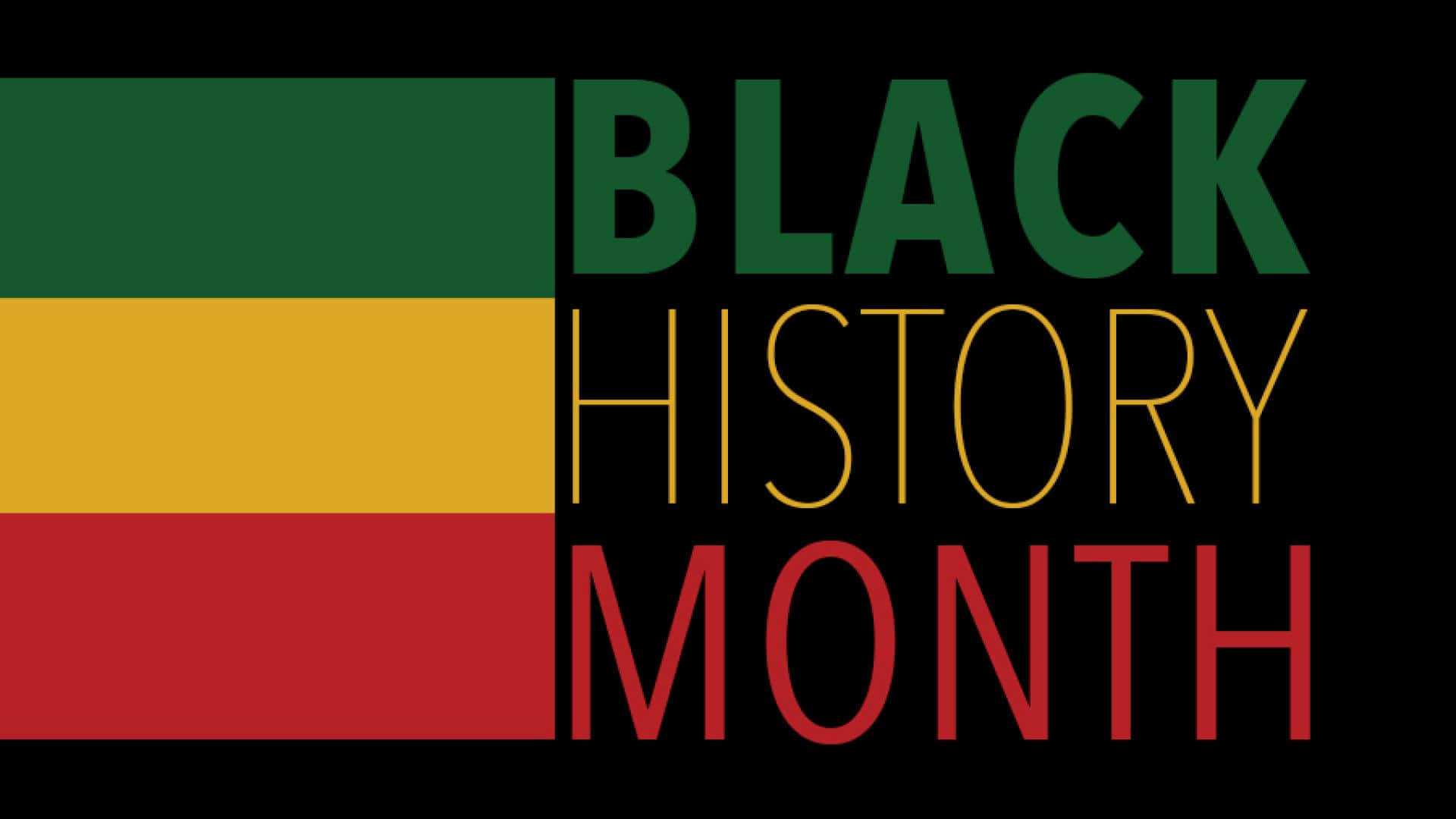 黑色 桌布 壁紙 — 粗體文字 Black History Month 覆蓋在帶有綠色、黃色和紅色水平條紋的黑色背景上。