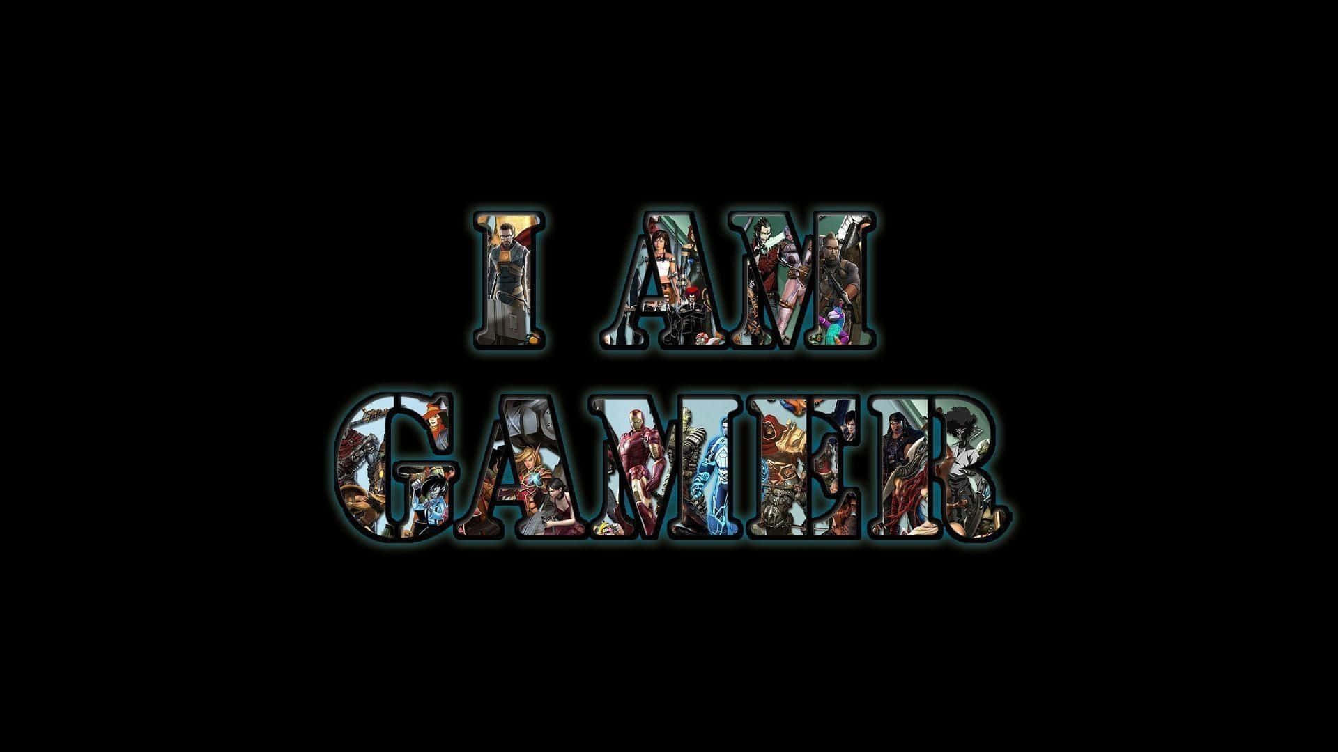 玩家 桌布 壁紙 — 粗體文字「I AM GAMER」內充滿各種電子遊戲角色，背景為黑色。