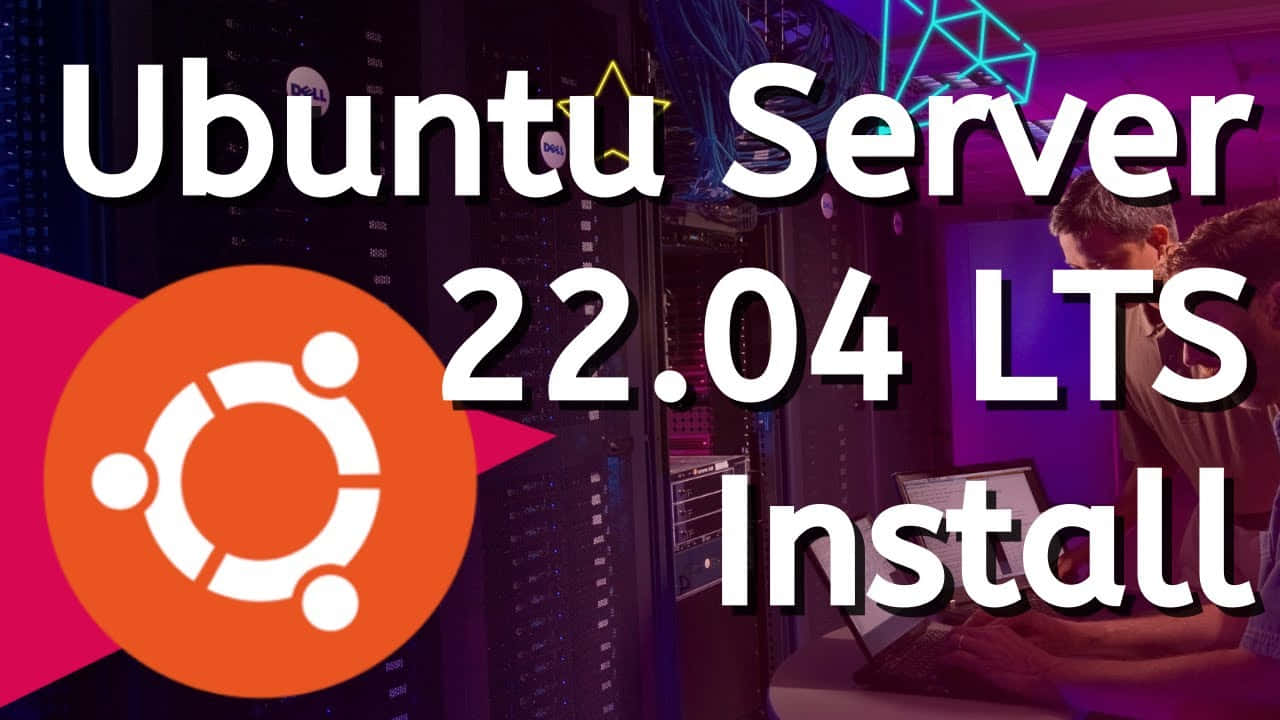 ubuntu 桌布 壁紙 — 粗體文字在伺服器機房場景上宣佈 Ubuntu Server 22.04 LTS 安裝，場景中有發光電纜和技術人員在工作。