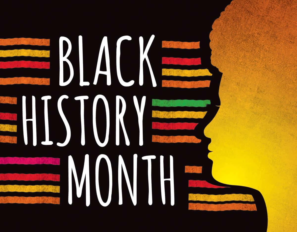 Black History Month 桌布 壁紙 — 粗體文字在充滿活力的非洲髮型剪影旁邊宣告黑人歷史月，並帶有彩虹條紋。