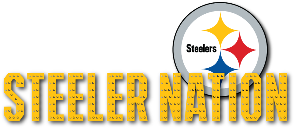 鋼人隊 桌布 壁紙 — 粗體文字在黑色背景上，以黃色磚塊字母顯示「welcome to steeler nation」，旁邊是鋼人隊標誌。