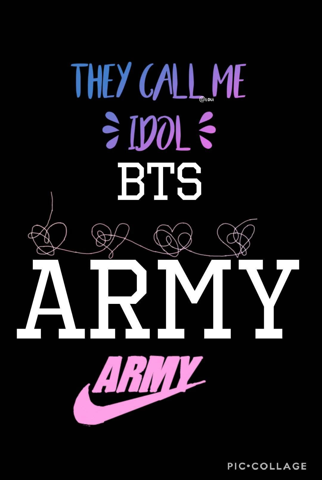 BTS粉絲圖像，黑色背景上有文字「They Call Me Idol BTS ARMY」和粉紅色Nike勾號。 — BTS 防彈少年團 粉絲 女孩 GIF 壁紙