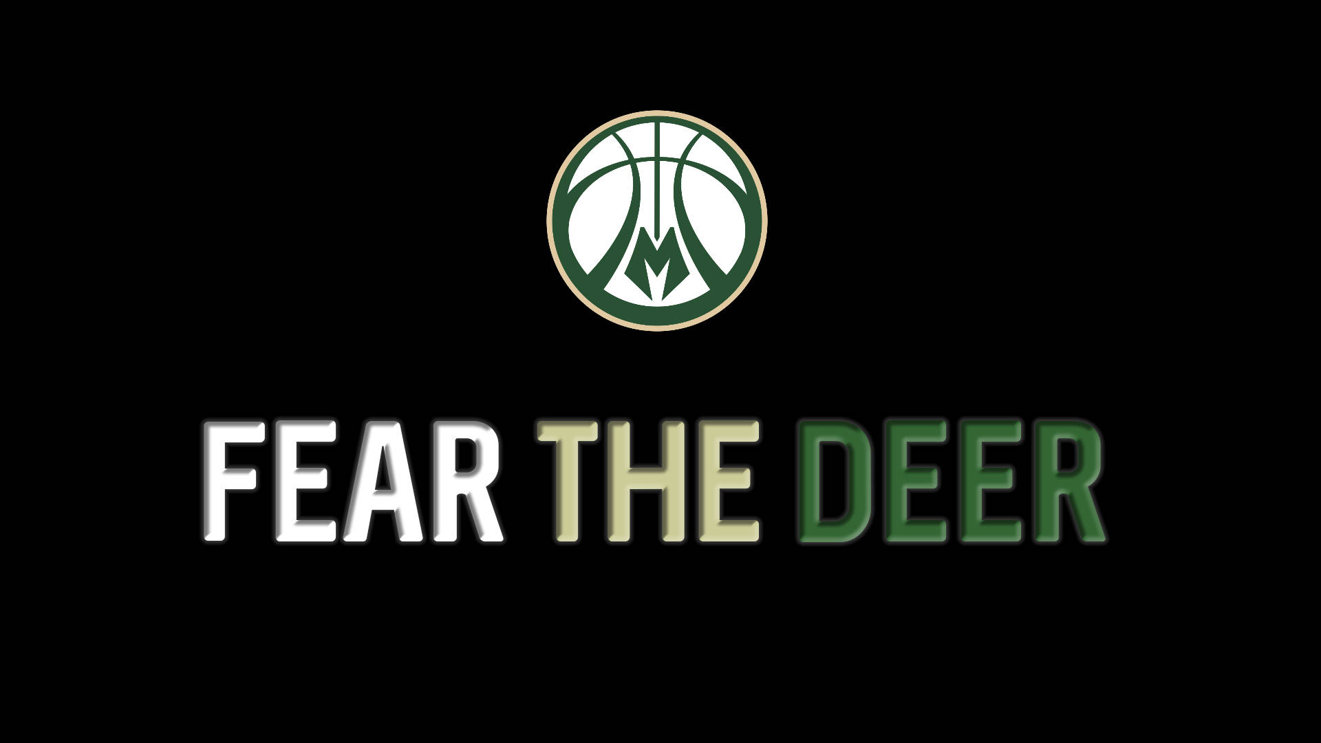 Bucks 桌布 壁紙 — 粗體文字在黑色背景上的綠色和白色籃球標誌下方寫著「FEAR THE DEER」，並有鹿的剪影。