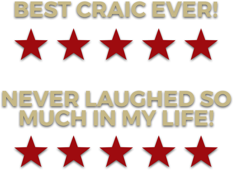星星 桌布 壁紙 — 粗體文字宣告「BEST CRAIC EVER!」和「NEVER LAUGHED SO MUCH IN MY LIFE!」，兩側有紅色星星，背景為黑色。