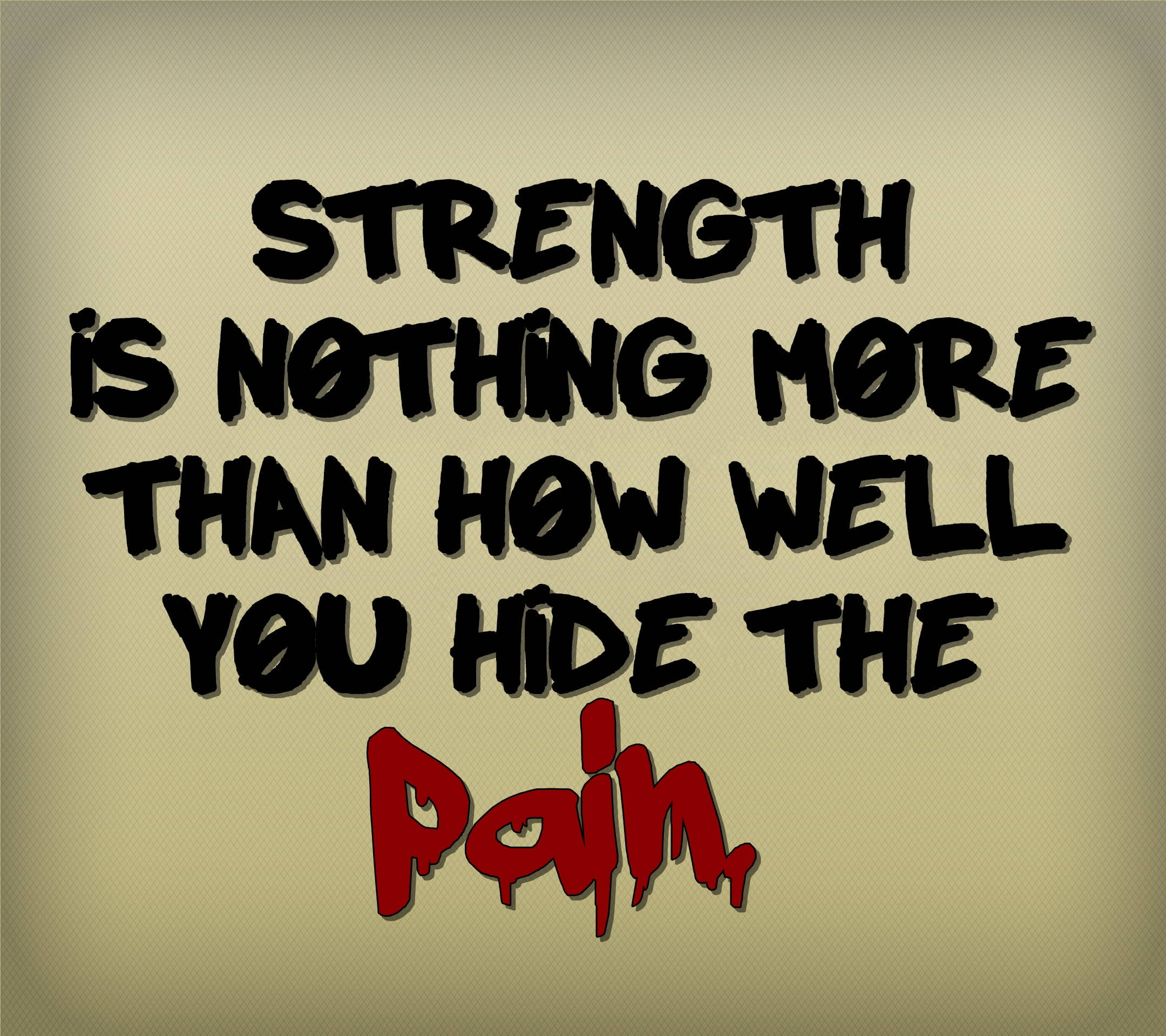 Pain Quotes 桌布 壁紙 — 粗體文字宣稱力量是隱藏痛苦，以滴落的紅色字體顯示「pain」，背景為紋理米色。