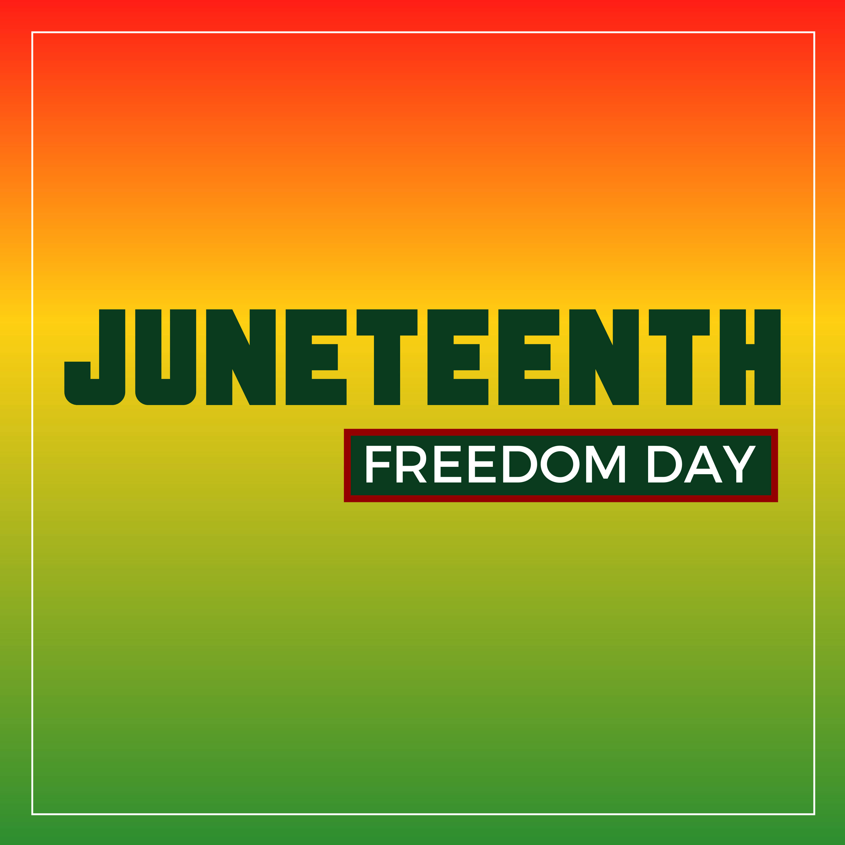 Juneteenth 桌布 壁紙 — 粗體文字慶祝六月節自由日，背景為紅、橙、黃、綠的鮮豔漸變色。