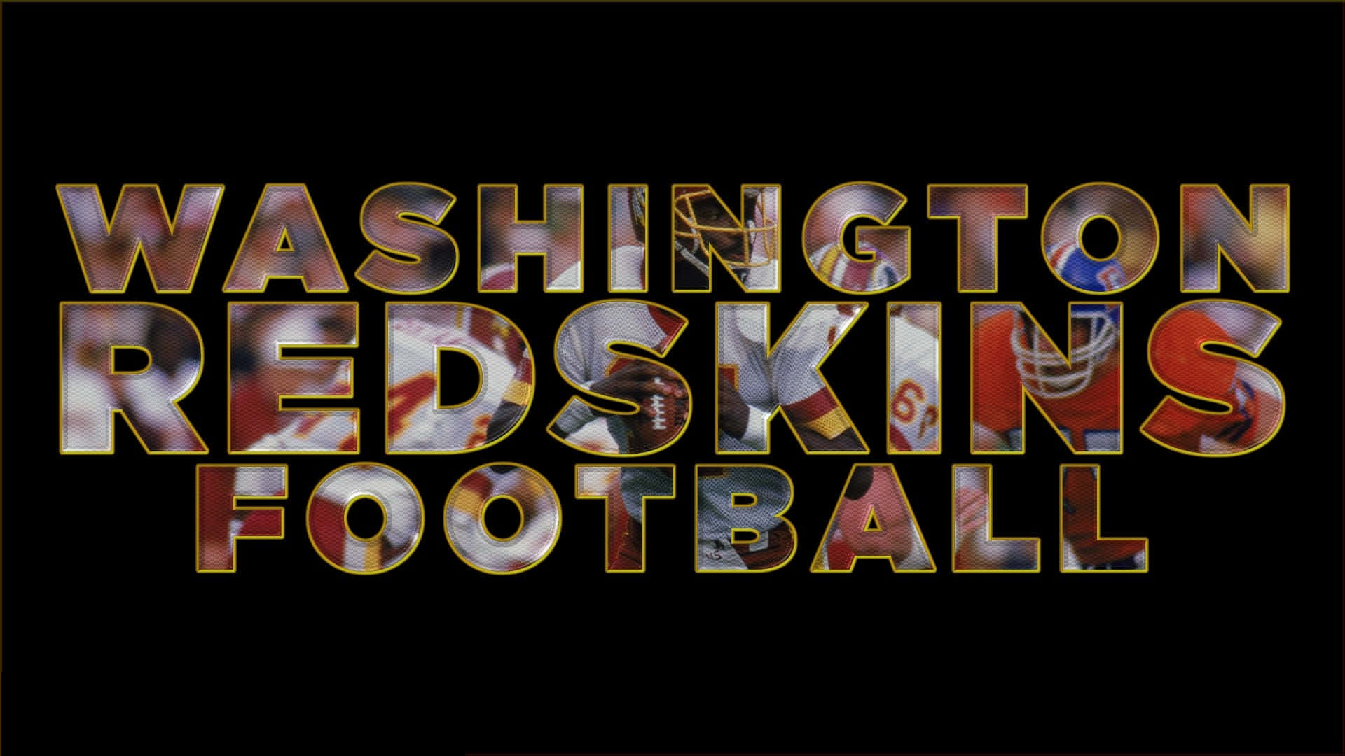 Washington Football 桌布 壁紙 — 粗體文字拼出 Washington Redskins Football，每個字母內有球員動作照片，背景為黑色。