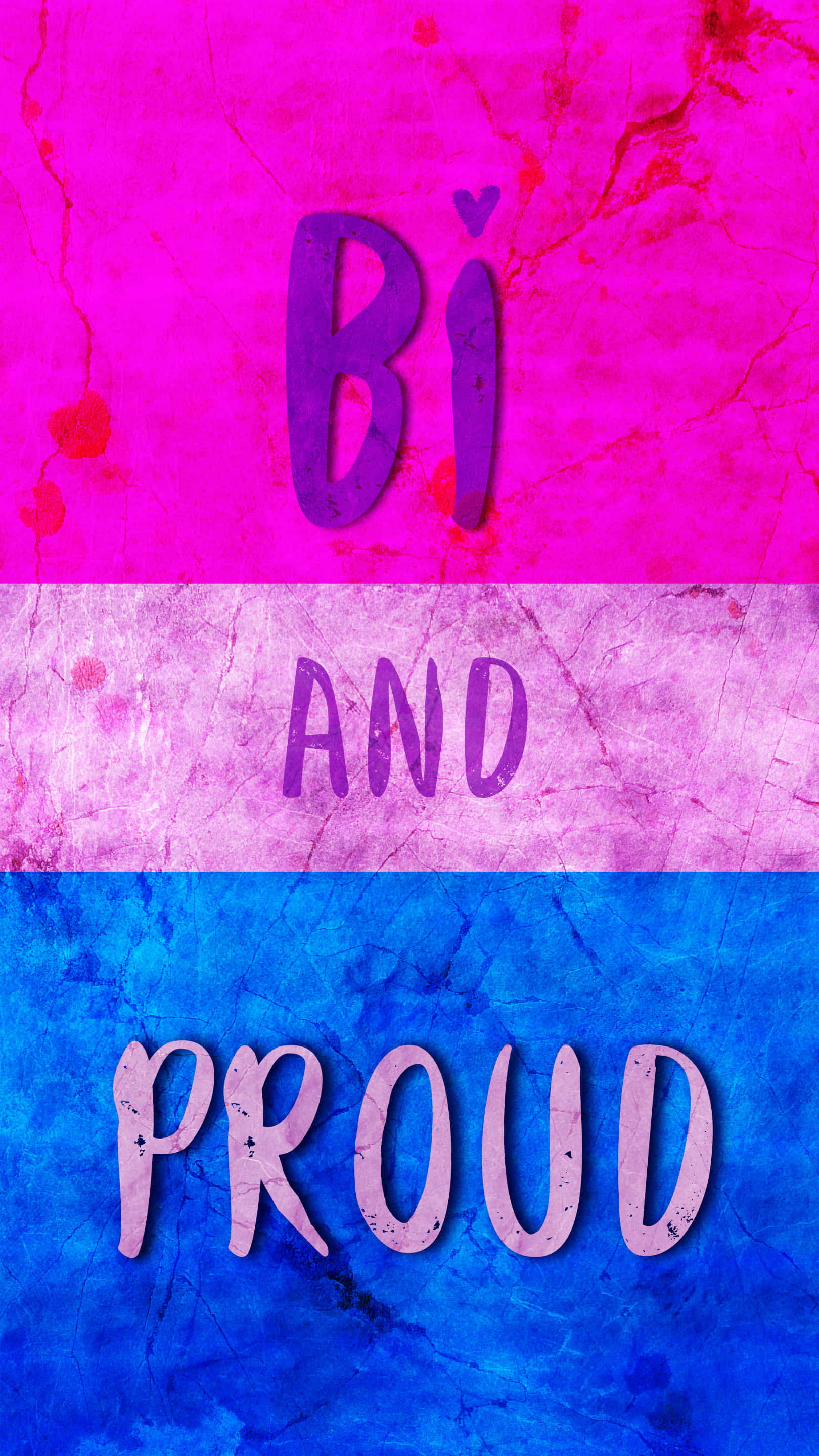 Bi Flag 桌布 壁紙 — 粗體文字顯示「Bi and Proud」，背景為與雙性戀旗幟匹配的紋理三色背景。