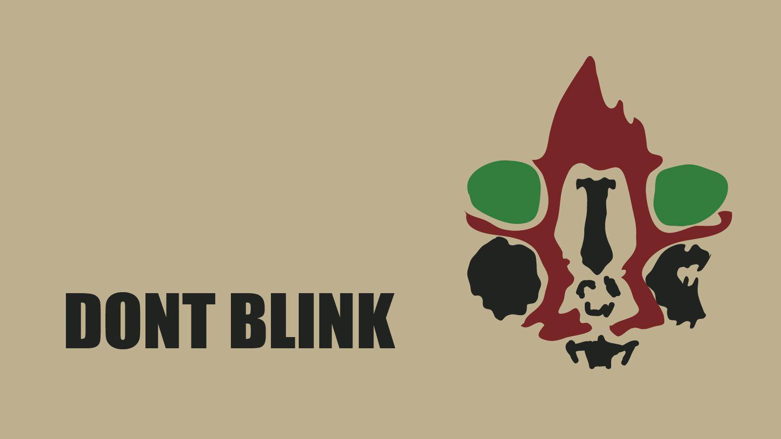 SCP 桌布 壁紙 — 粗體文字顯示 dont blink，旁邊是米色背景上的風格化紅、綠、黑色臉部圖形。