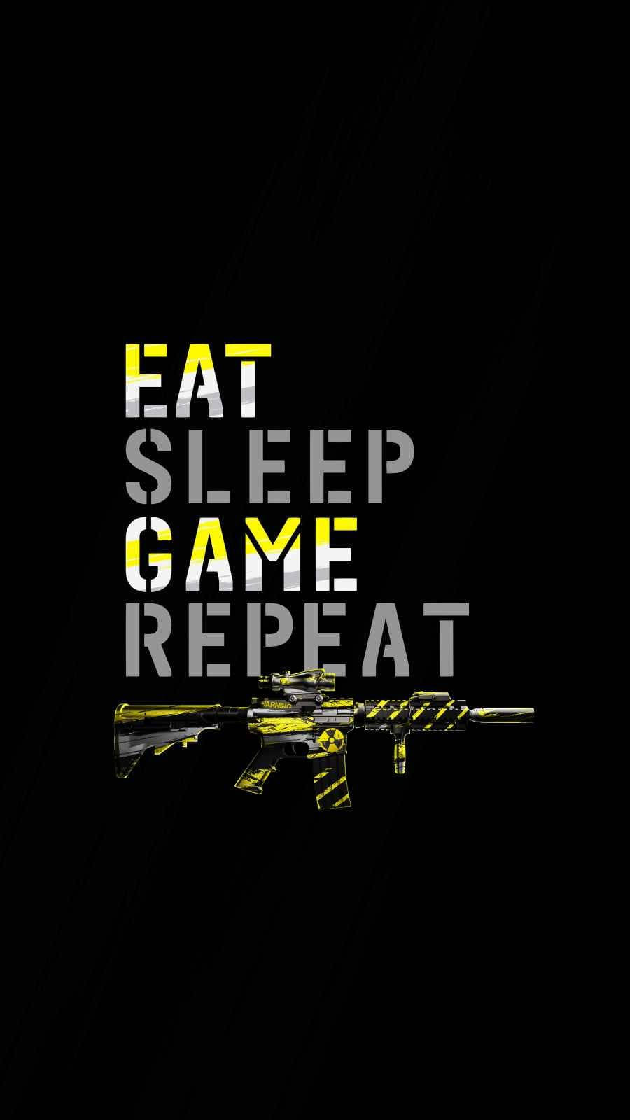 人像動態 桌布 壁紙 — 粗體文字顯示 eat sleep game repeat，位於黑色背景上的黃黑迷彩步槍上方。
