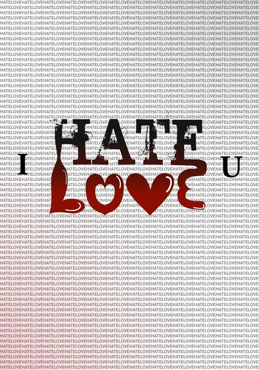 Typography 桌布 壁紙 — 粗體文字顯示「I HATE LOVE U」，其中「LOVE」為紅色心形，背景為重複的「hate」和「love」圖案。