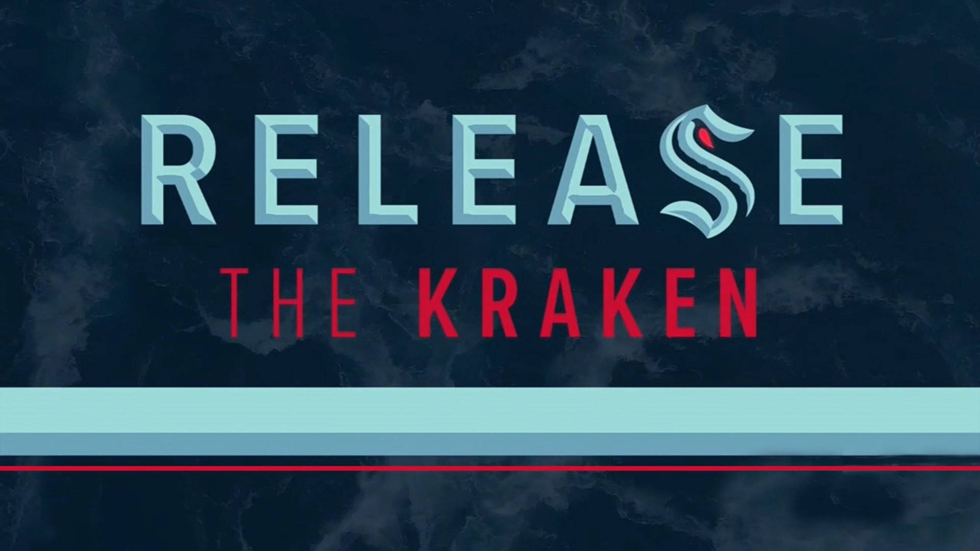 Kraken 桌布 壁紙 — 粗體文字顯示 release the kraken，背景為深色紋理，帶有淺藍色和紅色點綴。