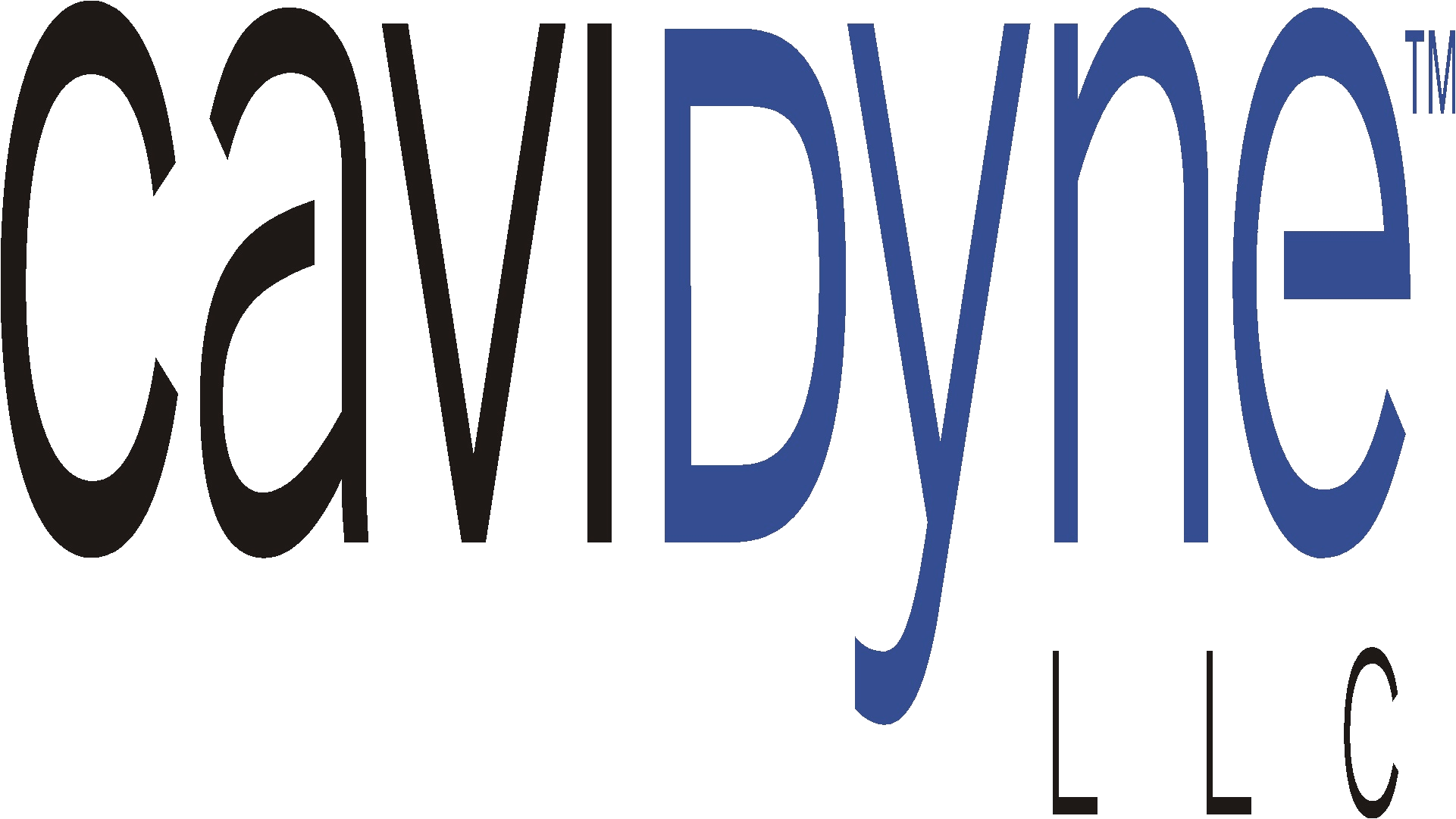 水下動畫 桌布 壁紙 — 粗體標誌文字 'Cavidyne LLC' 以深灰色和藍色呈現於黑色背景上，附有商標符號。