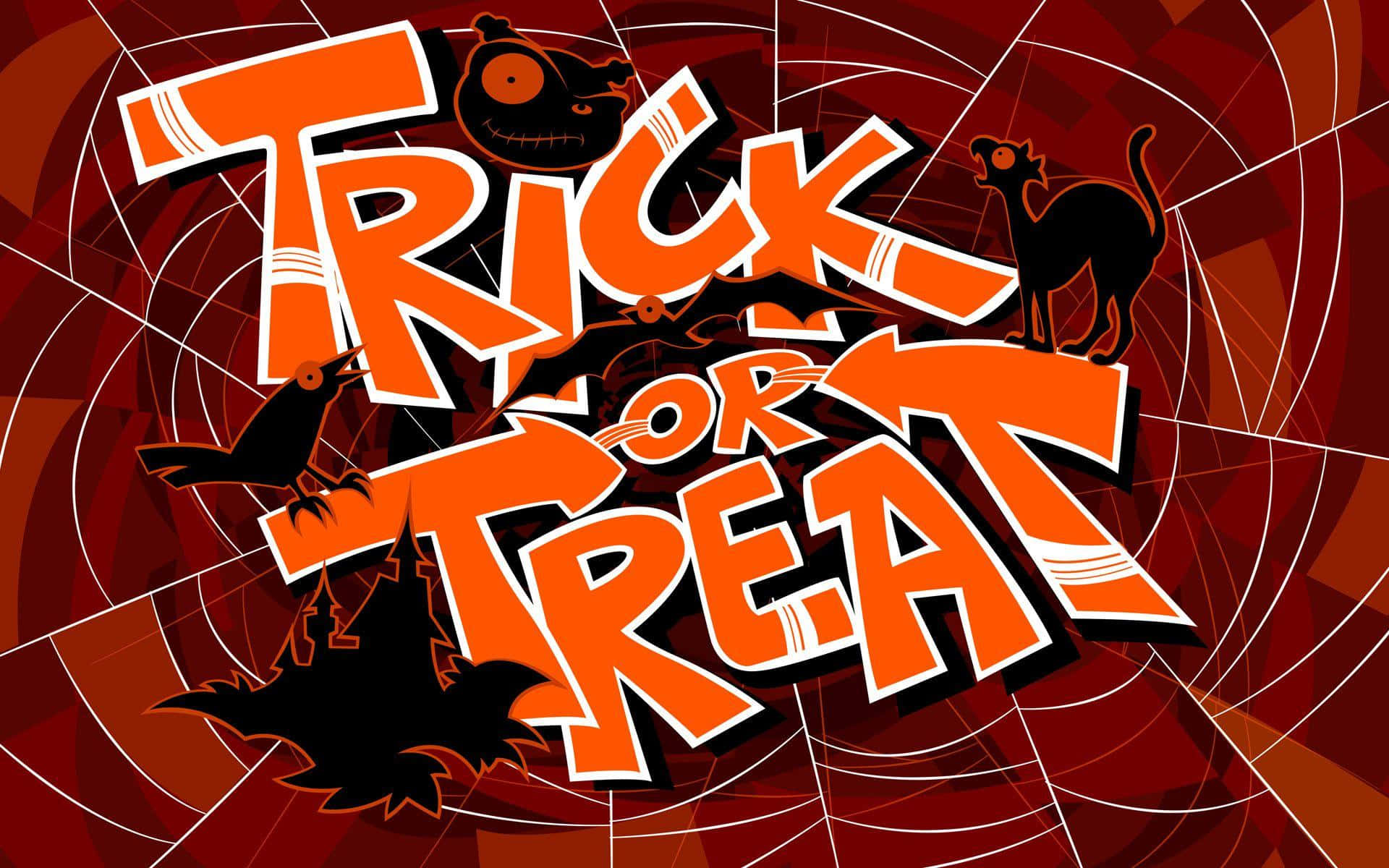 Trick-or-treaters 桌布 壁紙 — 粗體橙色 'Trick or Treat' 文字，搭配黑色萬聖節圖示，如蝙蝠、貓和南瓜燈，背景為紅色蜘蛛網。