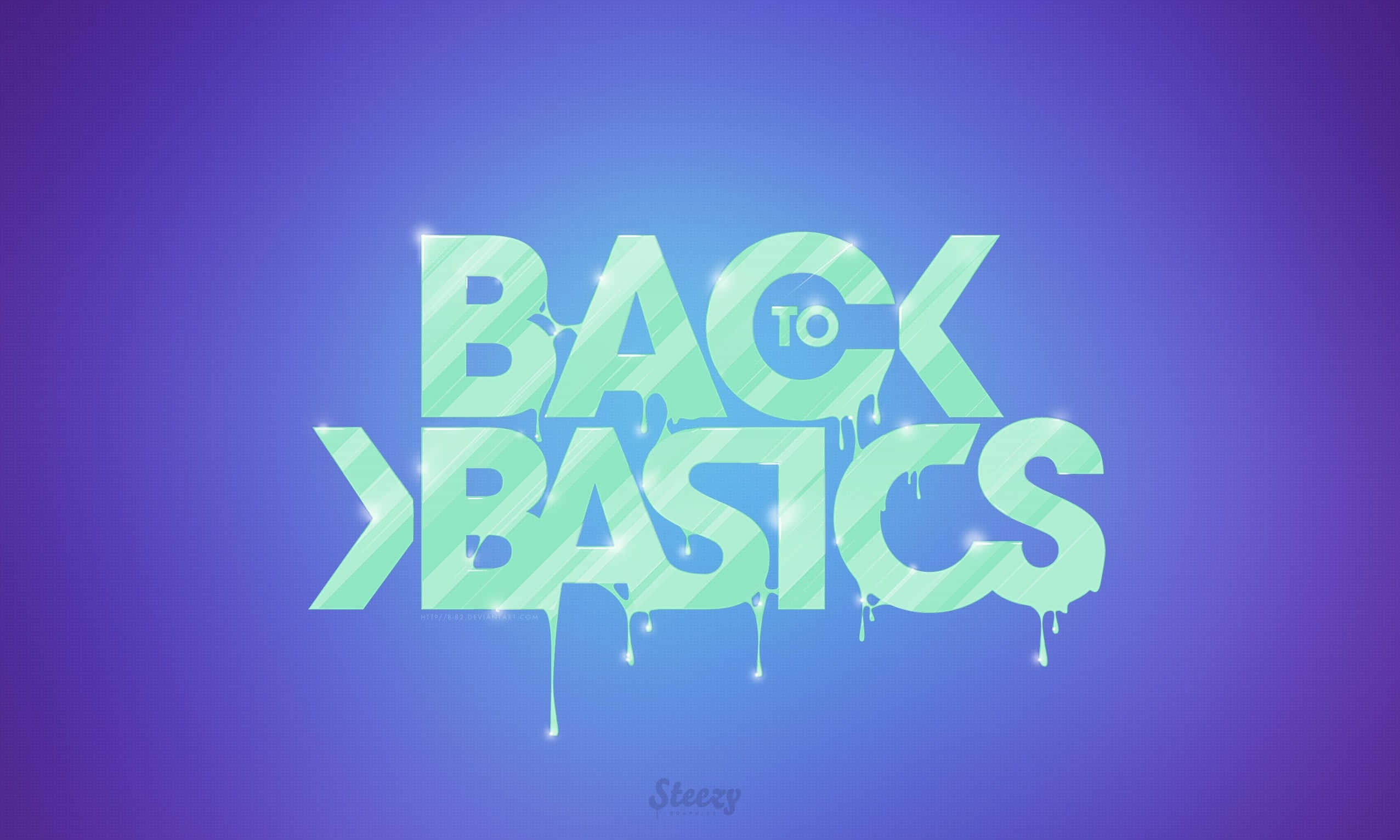 Fundamental 桌布 壁紙 — 粗體滴落綠色文字「BACK TO BASICS」在帶有閃亮高光的紫色漸變背景上發光。
