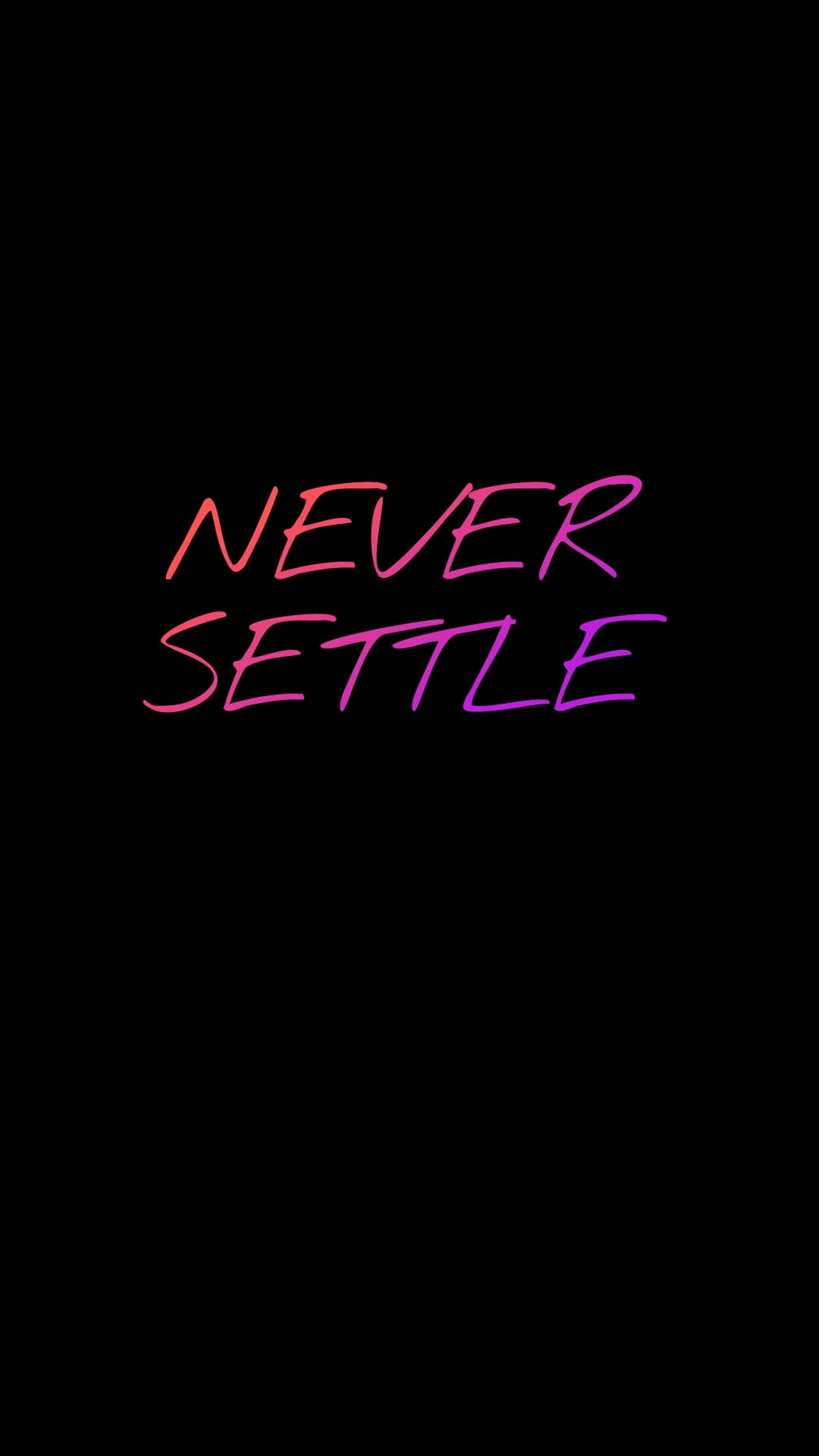  壁紙 — 粗體漸變文字「never settle」在純黑背景上從粉紅色漸變到紫色發光。