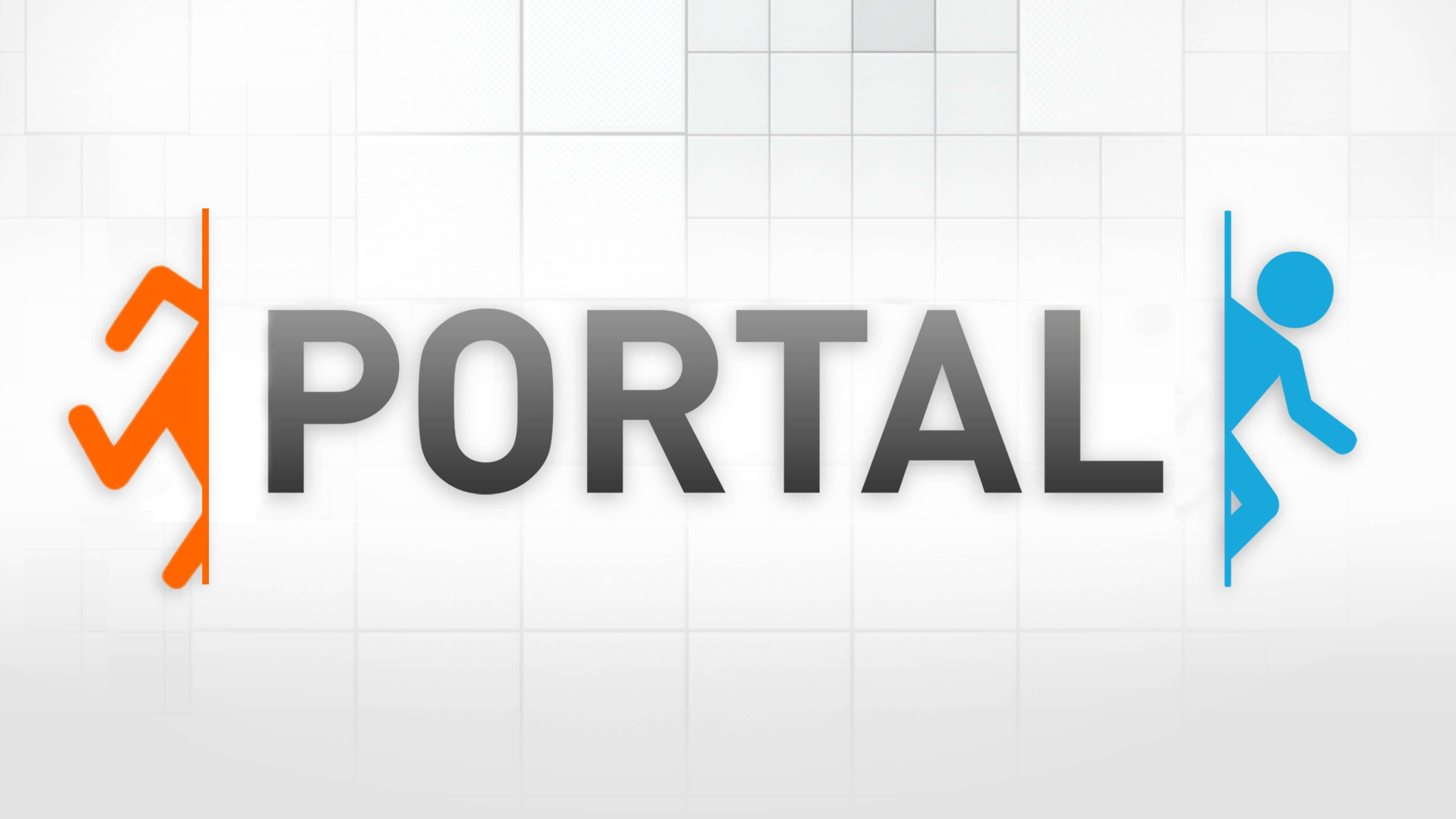 電玩遊戲 桌布 壁紙 — 粗體灰色字母拼成的「PORTAL」一詞，兩側有橙色和藍色火柴人攀爬垂直線條，背景為白色瓷磚。