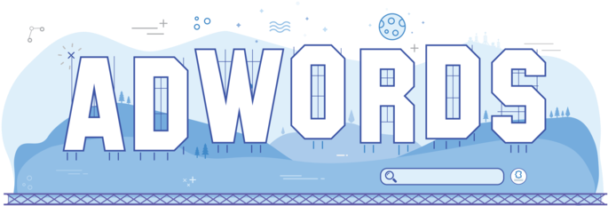 標誌 桌布 壁紙 — 粗體白色 'ADWORDS' 文字漂浮在一個風格化的藍色景觀之上，景觀中有樹木和月亮，背景是星空。