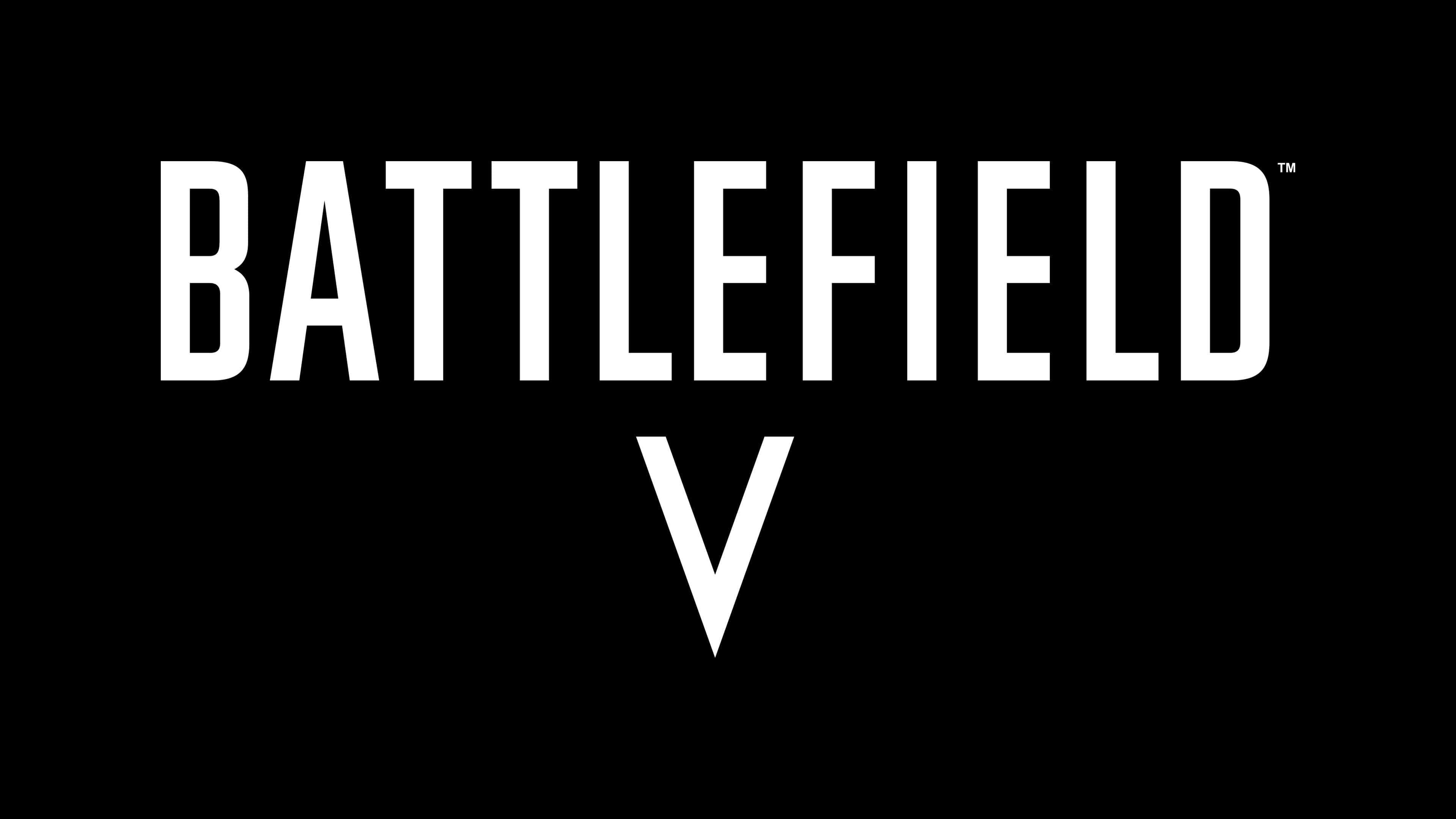 黑白 桌布 壁紙 — 粗體白色 'BATTLEFIELD V' 標誌居中於純黑色背景上，採用簡潔的無襯線字體。