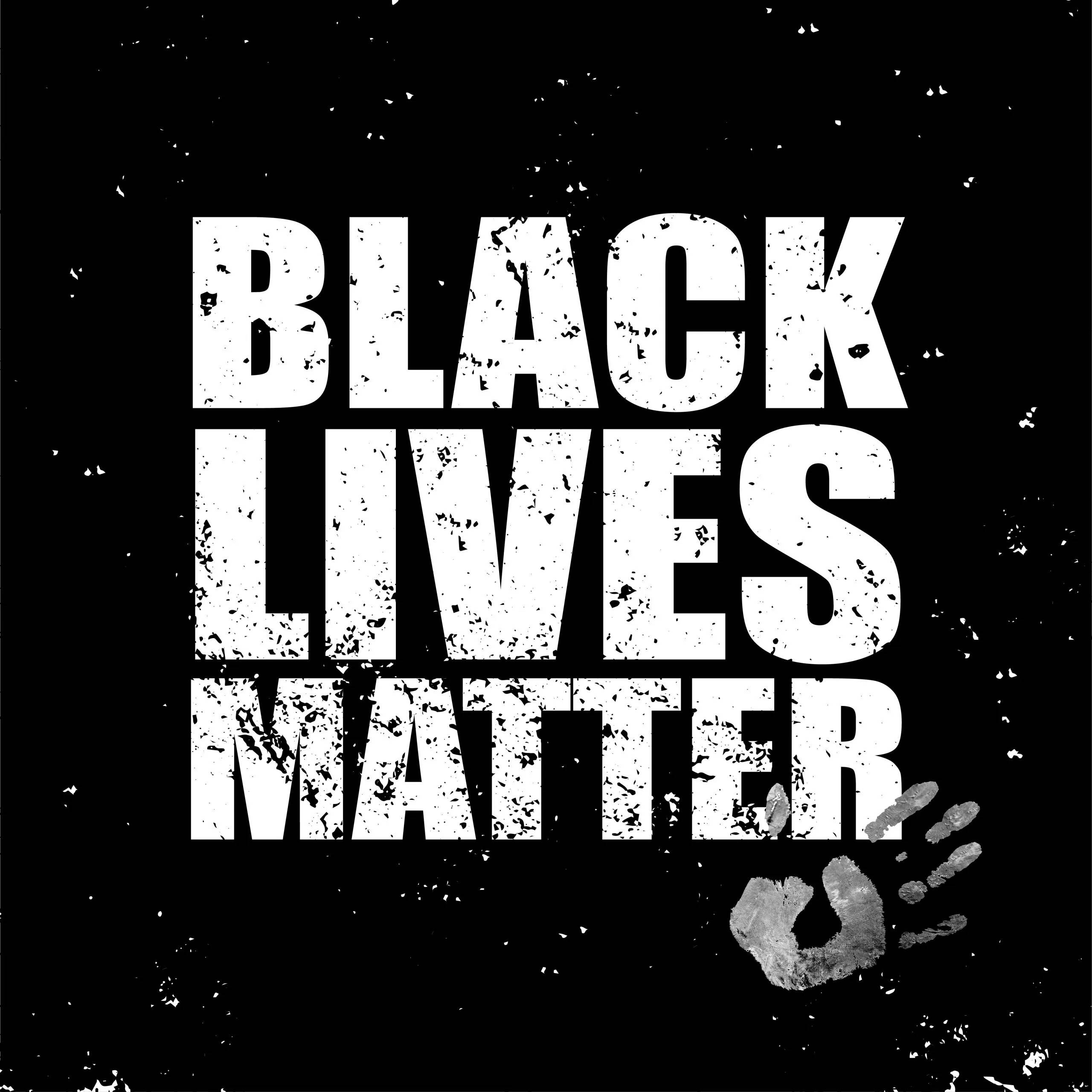 黑色 桌布 壁紙 — 粗體白色 'BLACK LIVES MATTER' 文字，帶有手印，背景為粗糙黑色。