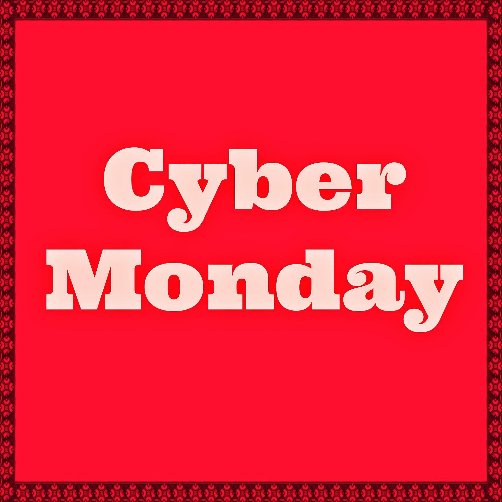 紅色動圖 桌布 壁紙 — 粗體白色「Cyber Monday」文字置中於鮮豔紅色背景上，並帶有裝飾性紅色邊框。