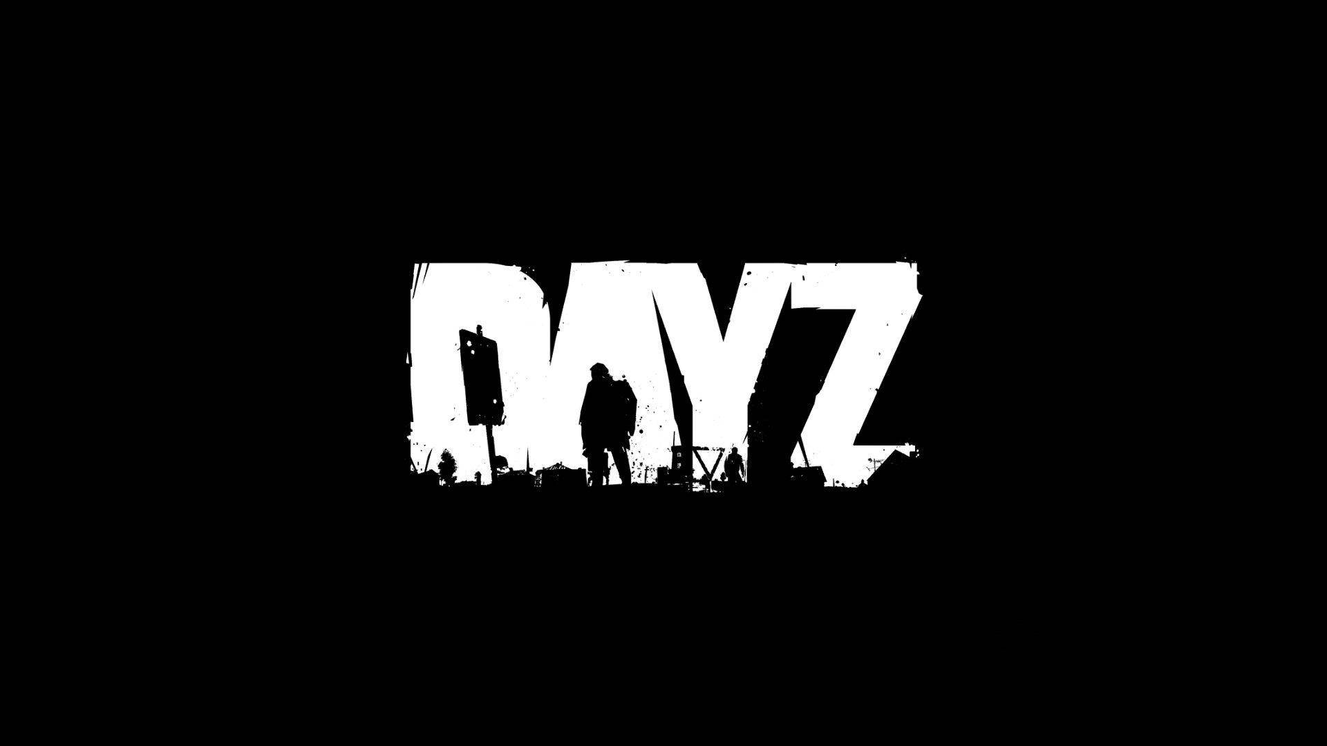 Gamer Logo 桌布 壁紙 — 粗體白色 'DAYZ' 標誌，帶有粗糙紋理和剪影人物，襯托在純黑色背景上。