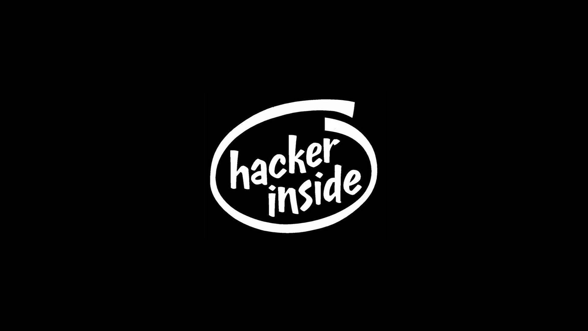 Hacker Full HD 桌布 壁紙 — 粗體白色「hacker inside」文字位於風格化橢圓標誌中，居中於純黑色背景上。