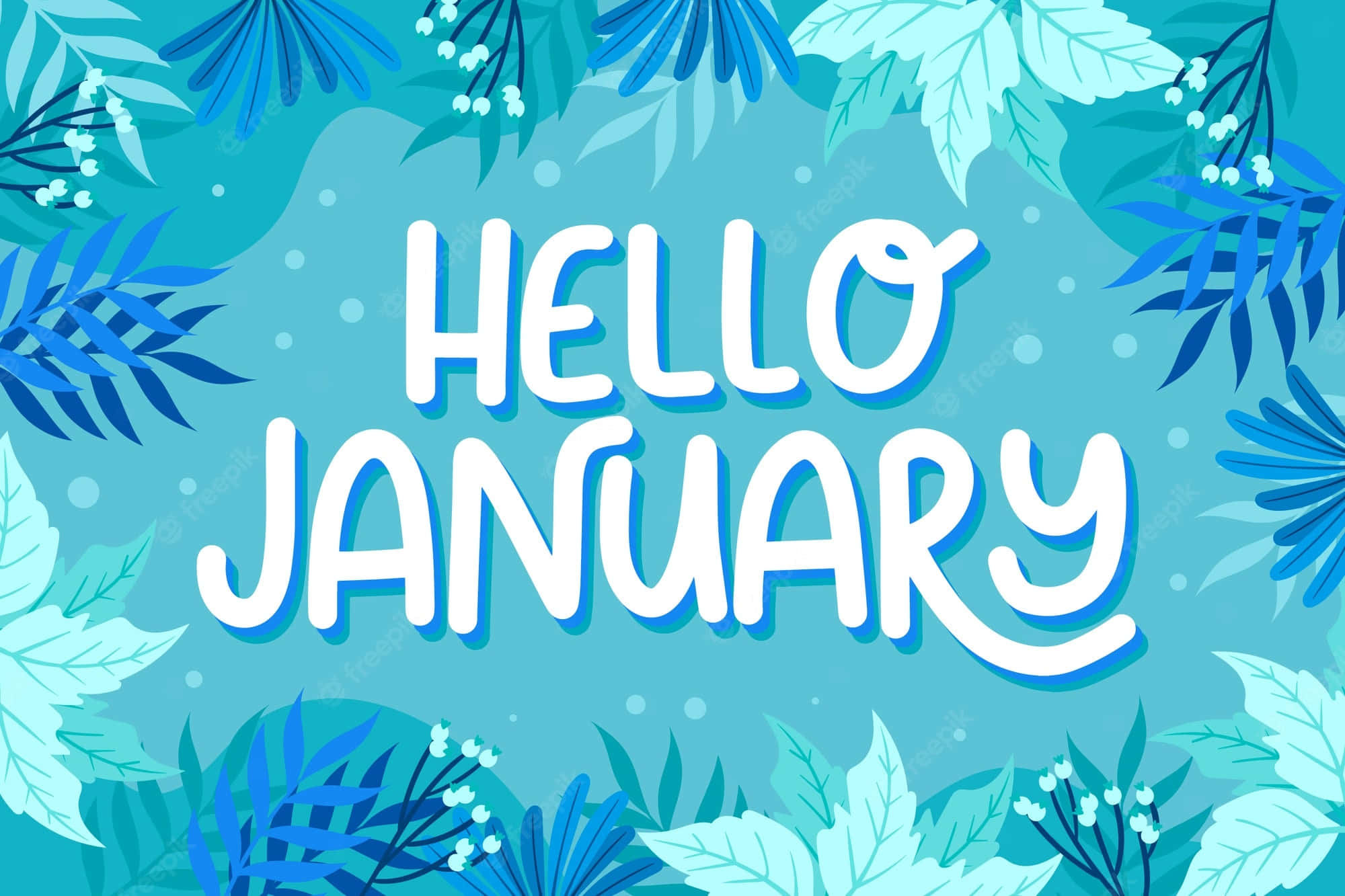 Hello January 桌布 壁紙 — 粗體白色「Hello January」文字居中於青綠色背景上，並以風格化的藍色和淺綠色葉子作邊框。