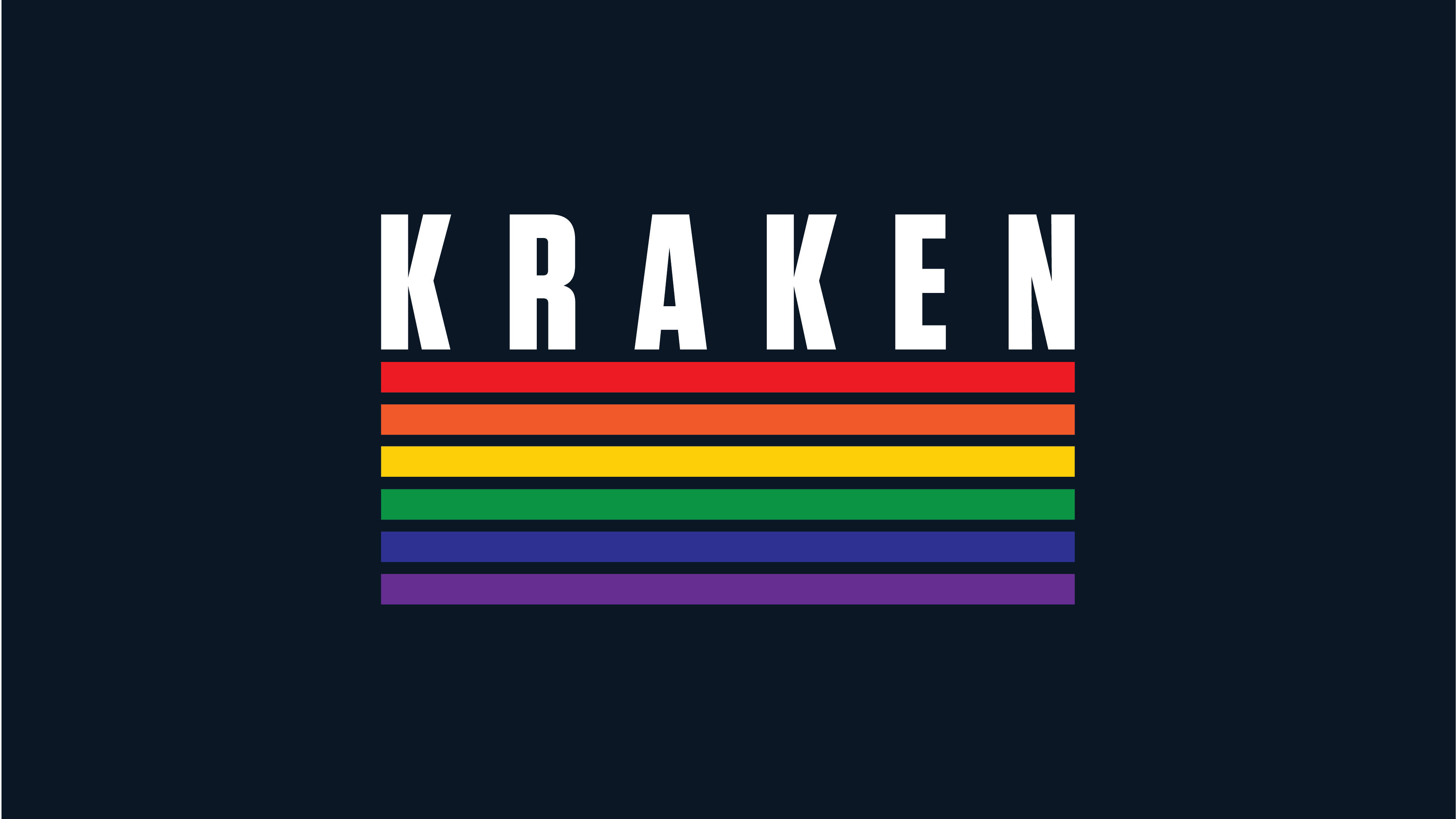 Kraken 桌布 壁紙 — 粗體白色 'KRAKEN' 文字位於鮮豔的彩虹條紋標誌之上，背景為深海軍藍色。