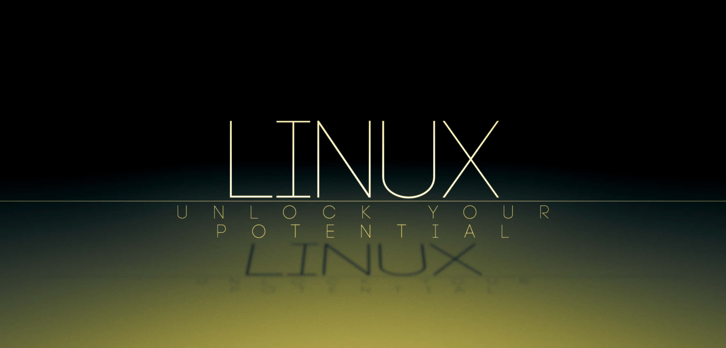 Linux 桌布 壁紙 — 粗體白色 'LINUX' 文字，下方有 'UNLOCK YOUR POTENTIAL'，置於漸變至黃色的深色漸變背景上。