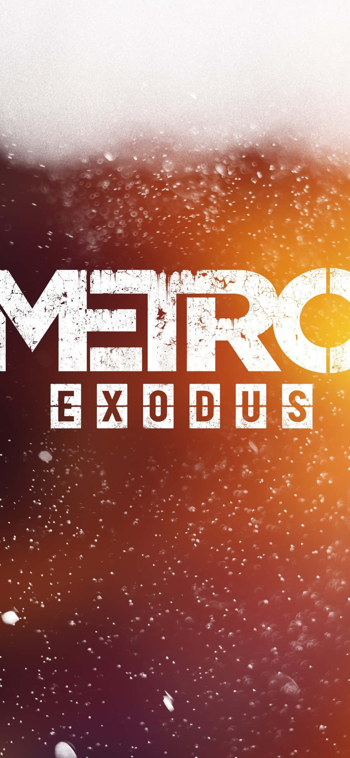 iPhone X Metro Exodus 桌布 壁紙 — 粗體白色「METRO EXODUS」文字在火橙色和深紅色漸變背景上，搭配散落的白色粒子，格外突出。